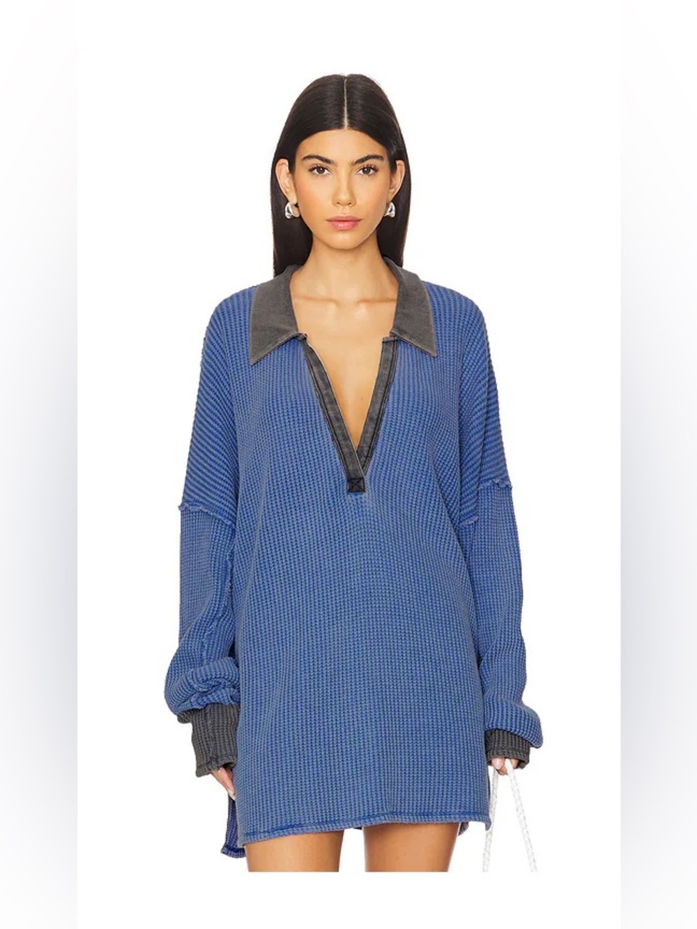 We The Free Free People Travis Polo Waffle Top in Dutch Blue Size L NWT